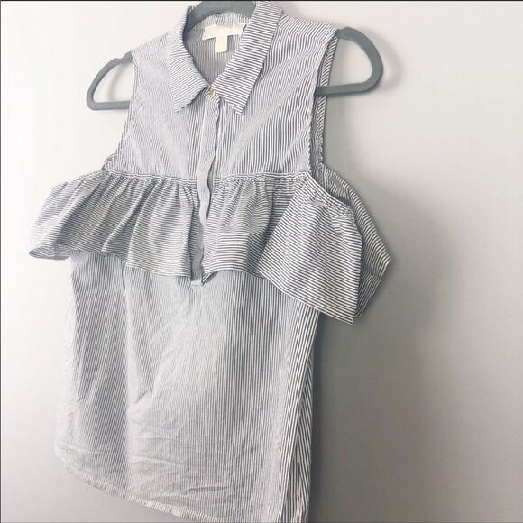 MICHAEL KORS | Pinstripe Cold Shoulder Ruffle Top Women’s Size Medium - Picture 5 of 8